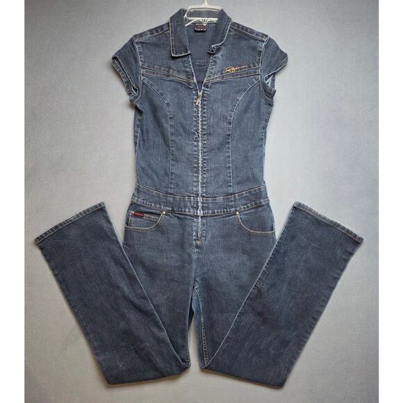 Vintage 90s FUBU Denim Jumpsuit Size 11/12 Retro Classic Stretch Zip Up - Picture 1 of 10